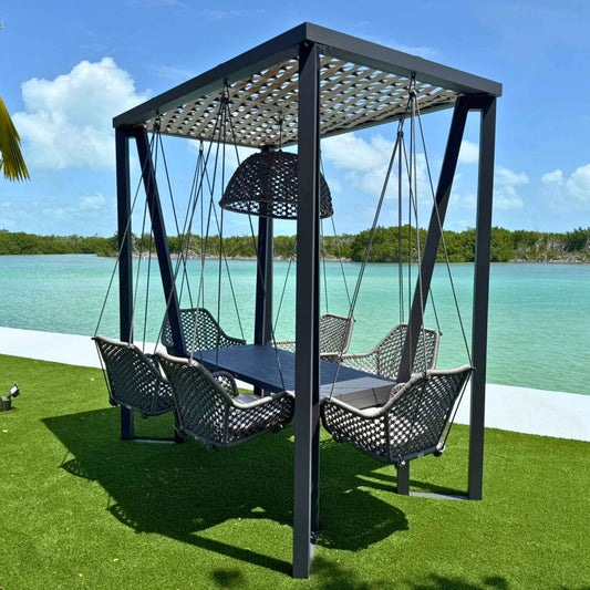 Horizon 8FT Pergola with Lamp, Moma Hanging Chairs & Aluminum Table