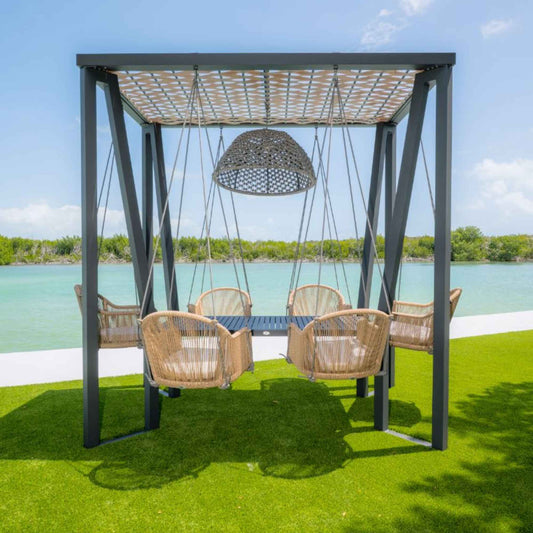 Horizon 8FT Pergola with Lamp, Calixto Hanging Chairs & Aluminum Table